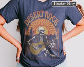 Vintage Desert Rock Graphic Tee, Retro Skeleton Guitar Top, Bella Canvas T-Shirt, Boho Western Style Shirt, Festival Desert Rock Genre