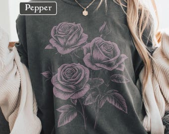Camiseta de rosas, camiseta gráfica con rosas, camiseta de mujer con rosas, camiseta bohemia con flores, camiseta floral, camiseta botánica, camiseta bohemia vintage