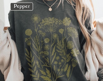 Camiseta de flores prensadas, camiseta con estampado botánico bohemio, camiseta vintage con flores secas Comfort Colors®, camiseta de jardín Cottagecore para amantes de la naturaleza