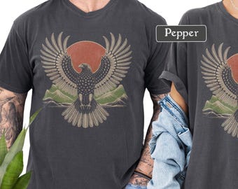 Camiseta Artística de Halcón, Camiseta Unisex con Gráficos de Naturaleza Retro Vintage, Camiseta Boho con Pájaro Descolorido, Camiseta con Águila de Montaña, Camiseta con Sol, Camiseta con Colores Cómodos