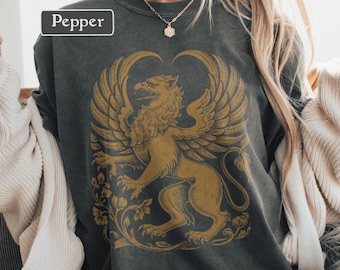 Camiseta de grifo, criatura mítica, arte heráldico vintage, gráfico de fantasía medieval, mitología, colores cómodos, boho gótica unisex
