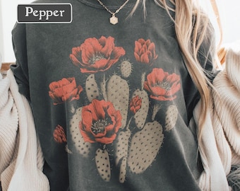 Camiseta con flor de cactus del desierto, camiseta bohemia con estampado de desierto, camiseta vintage estilo western, camiseta con colores suaves, regalo para amantes de la naturaleza.