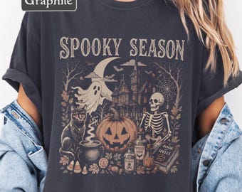 Halloween T Shirt, Comfort Colors Fall Shirt, Vintage Skeleton Ghost Pumpkin Tee, Black Cat Spooky Season Shirt, Witchy October Graphic Tee