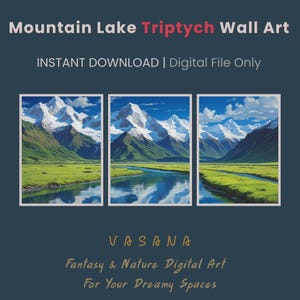 Mountain Lake Triptych, 3-Panel Nature Landscape, Digital Download, Printable Wall Art, 5 Sizes