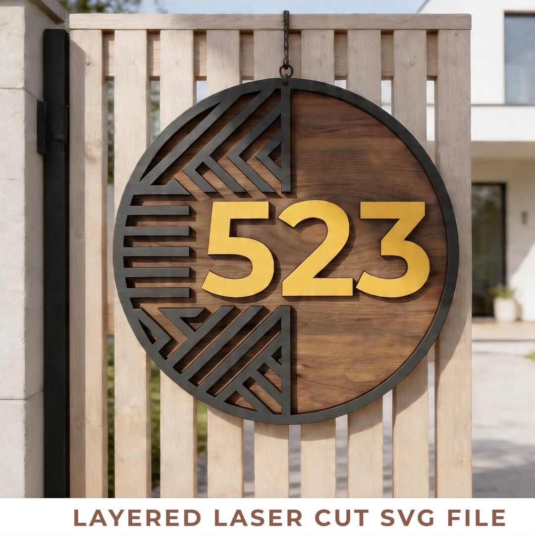 Modern House Numbers SVG, Geometric Address Sign, Round Layered Laser ...