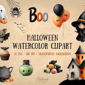 24 Cute Halloween ClipArt, Spooky Decor PNG, October, Watercolor Storybook, Party Theme, Scary Art, Instant Download, Commercial License
