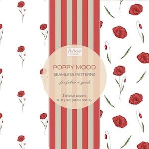 Red Poppy Watercolor Pattern: Seamless Floral Digital Paper (12&quot;x12&quot;)