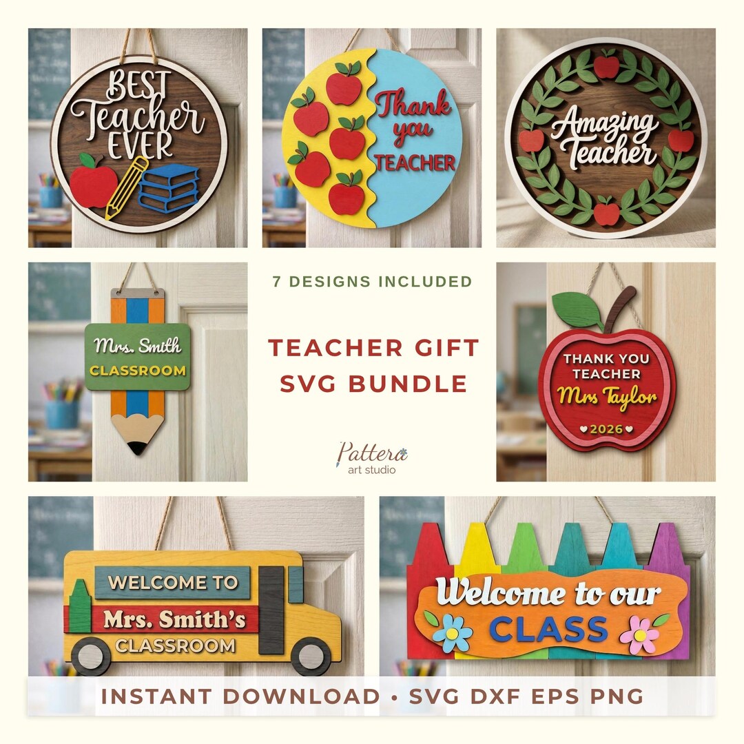 Teacher Gift SVG Bundle, Thank You Teacher Sign, Classroom Door Sign ...