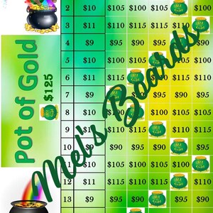 Könnte beinhalten: Eine grüne und goldene Bingokarte mit einem Topf-Gold-Motiv. Die Karte hat 15 Felder mit den Zahlen 1-15 und Preisen von 9 € bis 11 €. Die Karte hat auch ein freies Feld in der Mitte.