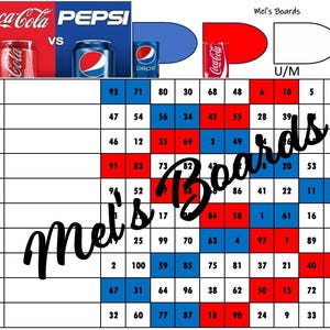 May include: A graphic comparing Coca-Cola and Pepsi, with cans of each soda. The image includes a bingo board with red and blue squares, and the text "Mel's Boards".