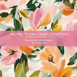 May include: Abstract floral seamless pattern in pink, orange, yellow, and green hues. The pattern is perfect for creating digital or printed designs.