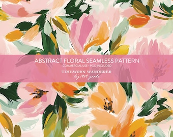 May include: Abstract floral seamless pattern in pink, orange, yellow, and green hues. The pattern is perfect for creating digital or printed designs.