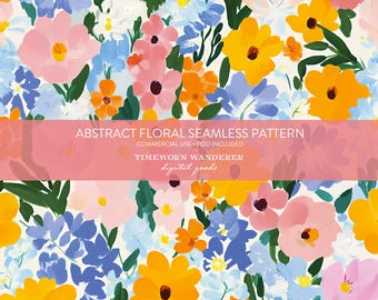 May include: An abstract floral seamless pattern featuring a variety of colorful flowers in shades of pink, yellow, blue, and orange. The design includes text that reads "ABSTRACT FLORAL SEAMLESS PATTERN" and "TIMEWORN WANDERER digital goods".