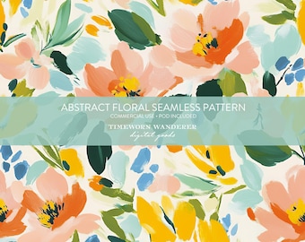May include: An abstract floral seamless pattern in a painterly style. The design features large, stylized flowers in shades of peach, orange, yellow, and blue, with green leaves and brushstrokes on a cream background. The text "ABSTRACT FLORAL SEAMLESS PATTERN" is included.