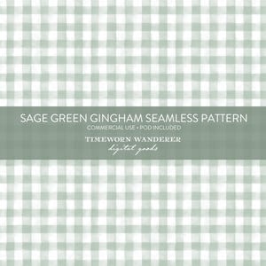 May include: A sage green and white gingham seamless pattern. The image shows a classic checkered design in a soft, watercolour style. Text on the image reads: "SAGE GREEN GINGHAM SEAMLESS PATTERN" and "TIMEWORN WANDERER digital goods."