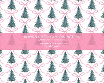 Pink Bows Christmas Trees Seamless Pattern, Cute Watercolor Holiday Digital Paper, Preppy Pink & Green Xmas Background, Commercial Use