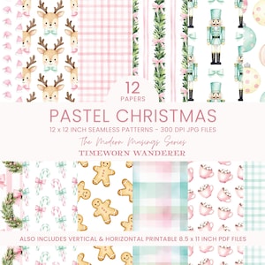 Op de afbeelding: Een verzameling van 12 pastelkleurige naadloze kerstpatronen. Ontwerpen omvatten rendieren, peperkoekenmannetjes, ornamenten en zuurstokken. De tekst luidt "PASTEL CHRISTMAS" en "12 x 12 inch seamless patterns".