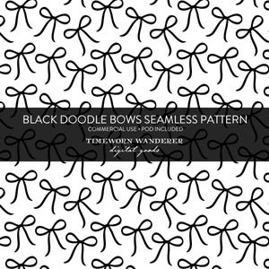 May include: A seamless pattern featuring black doodle bows on a white background. The bows are evenly spaced and repeated across the surface. The text "BLACK DOODLE BOWS SEAMLESS PATTERN" is displayed on a black banner.
