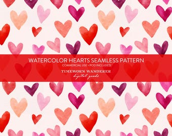 Patrón sin costuras de corazones de acuarela, papel digital de San Valentín rosa y rojo, fondo de corazón para San Valentín, uso comercial