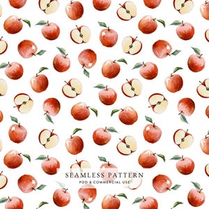 May include: A seamless pattern featuring watercolor illustrations of whole red apples and halved apples with visible seeds on a white background. The text SEAMLESS PATTERN POD & COMMERCIAL USE is printed in black in the lower center of the image.