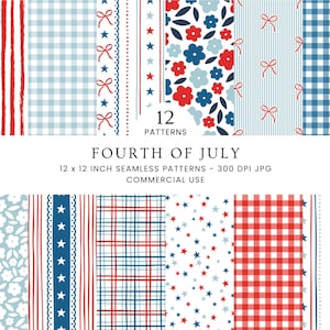 Könnte beinhalten: Eine Sammlung von 12 nahtlosen Mustern zum Thema 4. Juli. Designs umfassen rot-weiße Streifen, blaues Vichy-Karo, Blumenmuster, Schleifen, Sterne und Karomuster. Der Text lautet "FOURTH OF JULY" und "12 PATTERNS".