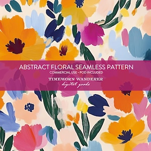 May include: An abstract floral seamless pattern with a cream background. The design features large, colorful brushstrokes of orange, pink, blue, and yellow flowers with green leaves. The text "ABSTRACT FLORAL SEAMLESS PATTERN" is displayed on a pink banner.