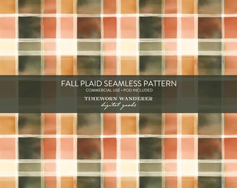 Fall Watercolor Plaid Seamless Pattern, Rustic Autumn Tartan Digital Paper, Cozy Thanksgiving Check Background, Commercial Use