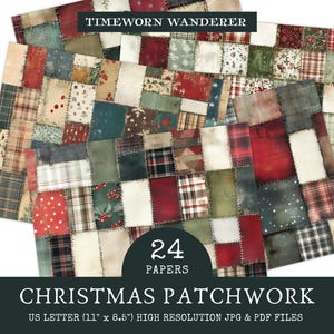 Può includere: Set di carte patchwork natalizie con vari motivi di tessuto nei toni del rosso, verde e neutri. Le carte sono in formato US Letter (27,9 cm x 21,6 cm) e presentano il testo "TIMEWORN WANDERER" e "CHRISTMAS PATCHWORK".