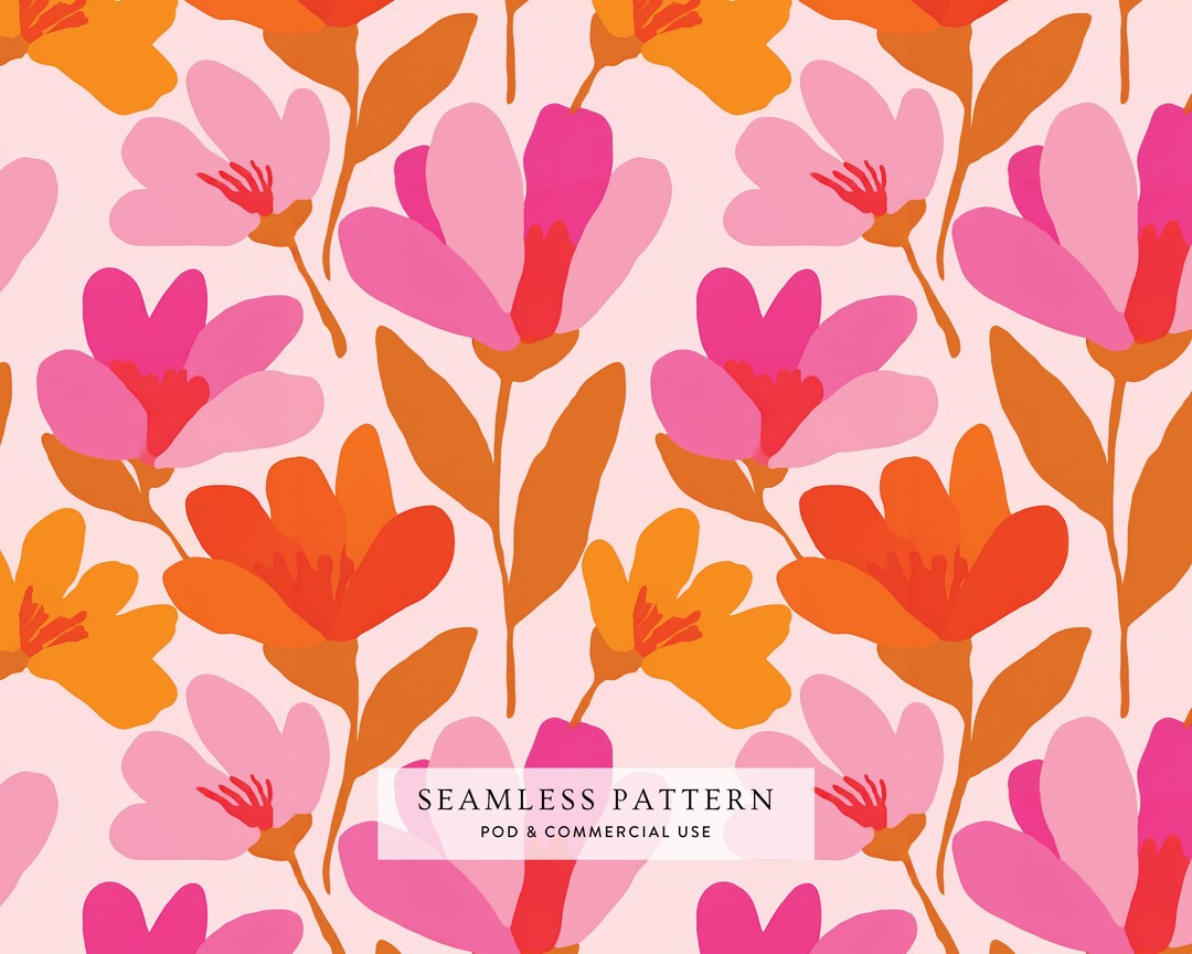 Retro Floral Seamless Pattern, Pink Orange Flower Digital Paper, Mid ...