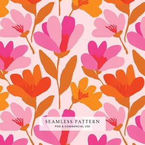Retro Floral Seamless Pattern, Pink Orange Flower Digital Paper, Mid Century Modern Print, Summer Botanical Background, Commercial Use