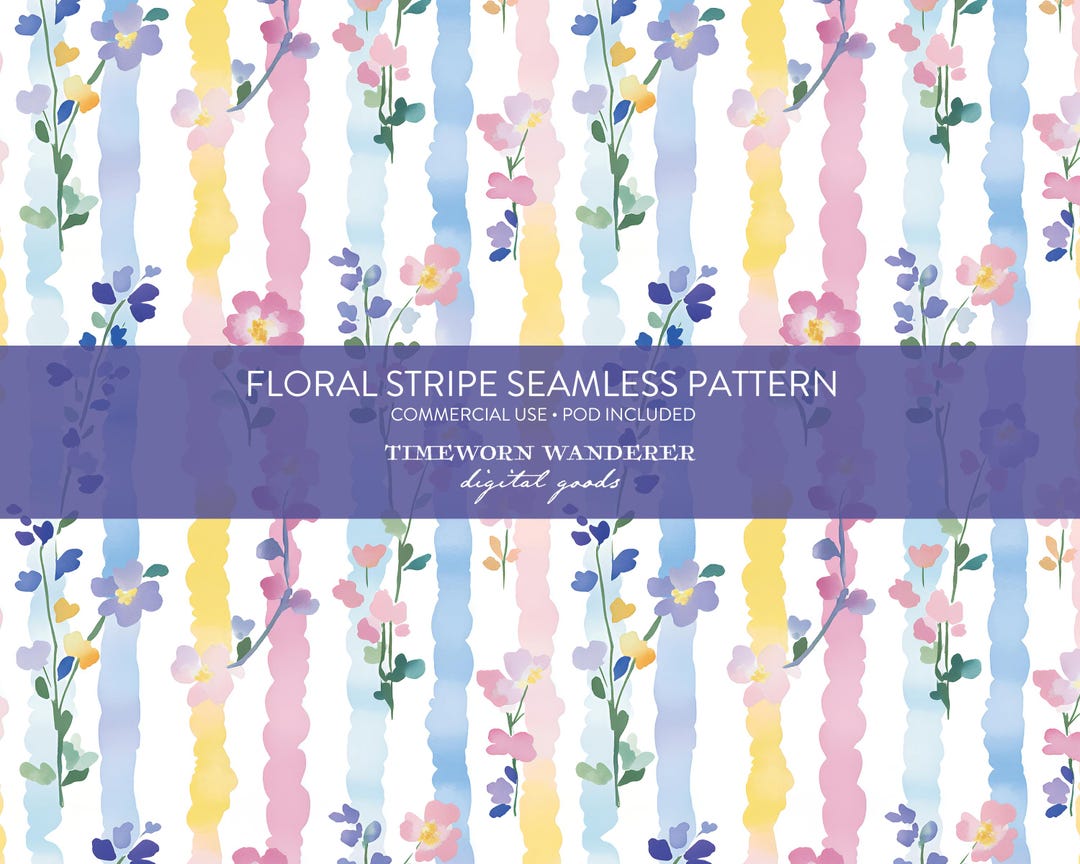 Pastel Floral Stripe Seamless Pattern, Watercolor Wildflower Stripes ...
