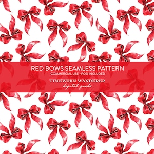 May include: Seamless pattern featuring watercolor red bows on a white background. The bows are detailed with shading and highlights, creating a realistic appearance. The image includes the text "RED BOWS SEAMLESS PATTERN" and "TIMEWORN WANDERER digital goods".