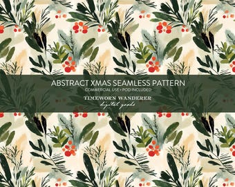 Abstract Christmas Greenery Seamless Pattern, Modern Holiday Foliage Digital Paper, Painted Red Berry Leaves Background, Print on Demand