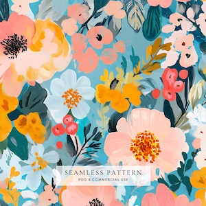 Abstract Floral Seamless Pattern, Vibrant Flowers Digital Pattern, Pink Blue Flowers, Brushstrokes, Seamless Pattern POD, Commercial Use