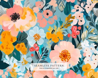 Abstract Floral Seamless Pattern, Vibrant Flowers Digital Pattern, Pink Blue Flowers, Brushstrokes, Seamless Pattern POD, Commercial Use