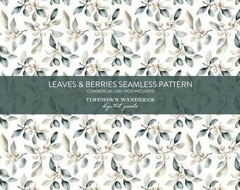 May include: A seamless pattern with watercolour leaves and berries in grey, green, and beige on a white backdrop. The design includes the text "LEAVES & BERRIES SEAMLESS PATTERN" and "TIMEWORN WANDERER digital goods".