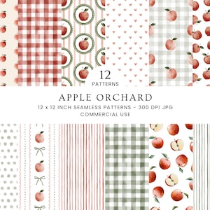 May include: A digital collection of 12 seamless patterns titled APPLE ORCHARD, featuring watercolor illustrations of red apples, green gingham, stripes, polka dots, and small hearts on 12 x 12 inch backgrounds for commercial use.