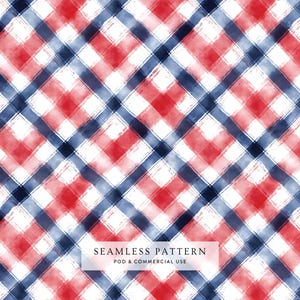 May include: A seamless pattern featuring a diagonal plaid design with intersecting red, navy blue, and white brushstroke lines. A white rectangular label in the center contains the black text SEAMLESS PATTERN POD & COMMERCIAL USE.