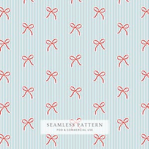 May include: Seamless pattern featuring red bows on a light blue and white striped background. The bows are evenly spaced and add a touch of whimsy. The pattern is suitable for various applications.