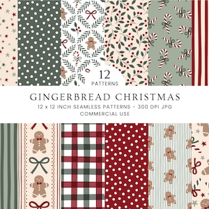 May include: A collection of 12 seamless digital patterns titled GINGERBREAD CHRISTMAS, featuring 12 x 12 inch designs with gingerbread men, candy canes, red berries, stars, polka dots, stripes, and plaid in red, green, and cream colour palettes.