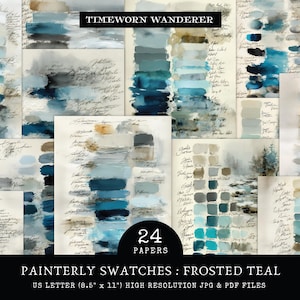 Könnte beinhalten: Eine Sammlung von 24 malerischen Farbfeldern in Farbtönen von gefrostetem Teal, mit handschriftlichem Skript und Aquarelltexturen. Der Text lautet "TIMEWORN WANDERER" und "PAINTERLY SWATCHES : FROSTED TEAL". Papierformat US Letter (21,59 cm x 27,94 cm).