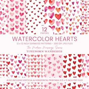 Könnte beinhalten: Eine Sammlung von 12 Aquarell-Herzmustern in Rot-, Rosa- und Orangetönen. Die nahtlosen Designs sind 30,48 x 30,48 cm groß, 300 DPI JPG-Dateien und enthalten vertikale und horizontale druckbare 21,59 x 27,94 cm PDF-Dateien. Der Text lautet "WATERCOLOR HEARTS".