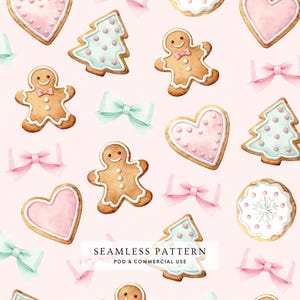 Pastelkleur peperkoek naadloze kerstpatroon, roze en mint vakantiekoekje digitaal papier, coquette preppy kerstachtergrond met strikken