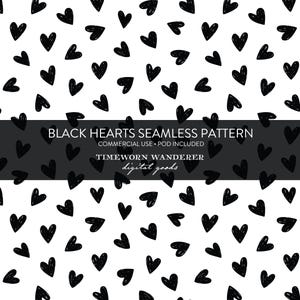 Puede incluir: Patrón sin costuras con corazones negros dibujados a mano sobre un fondo blanco. El diseño incluye el texto "BLACK HEARTS SEAMLESS PATTERN" y "TIMEWORN WANDERER digital goods". Adecuado para diversas aplicaciones digitales e impresas.