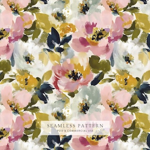 May include: Seamless floral pattern featuring abstract watercolor flowers in shades of pink, yellow, green, and navy blue. The design includes a variety of brushstrokes and textures, with the text "SEAMLESS PATTERN POD & COMMERCIAL USE".