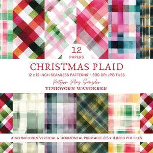 May include: A collection of 12 Christmas plaid patterns in various colors, including red, green, and pink. The image includes the text "Christmas Plaid" and "12 x 12 inch seamless patterns". Also includes vertical and horizontal printable 8.5 x 11 inch PDF files.