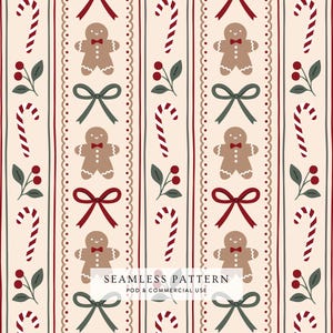 May include: A seamless pattern featuring vertical stripes on a cream background. The design includes repeating illustrations of gingerbread people with red bow ties, red and white candy canes, dark green bows, and sprigs of red berries.