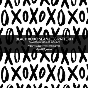 May include: Black and white seamless pattern featuring hand-drawn XOXO symbols. The design includes the text "BLACK XOXO SEAMLESS PATTERN" and "TIMEWORN WANDERER digital goods". This pattern is suitable for various digital applications.