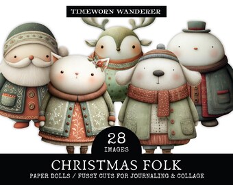 May include: A collection of five whimsical Christmas Folk characters, including a Santa, cat, deer, dog, and snowman. Each figure is dressed in festive attire with soft colors and textures. The image includes the text "TIMEWORN WANDERER", "28 IMAGES", and "CHRISTMAS FOLK".