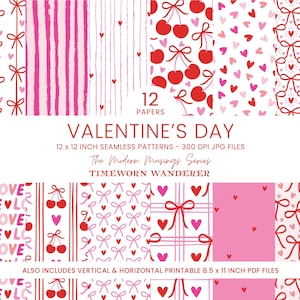 Op de afbeelding: Een verzameling naadloze patronen voor Valentijnsdag in roze en rood. Ontwerpen omvatten strikken, harten, kersen en strepen. De tekst luidt "VALENTINE'S DAY" en "12 PAPERS". De patronen zijn 30,48 x 30,48 cm en 21,59 x 27,94 cm.